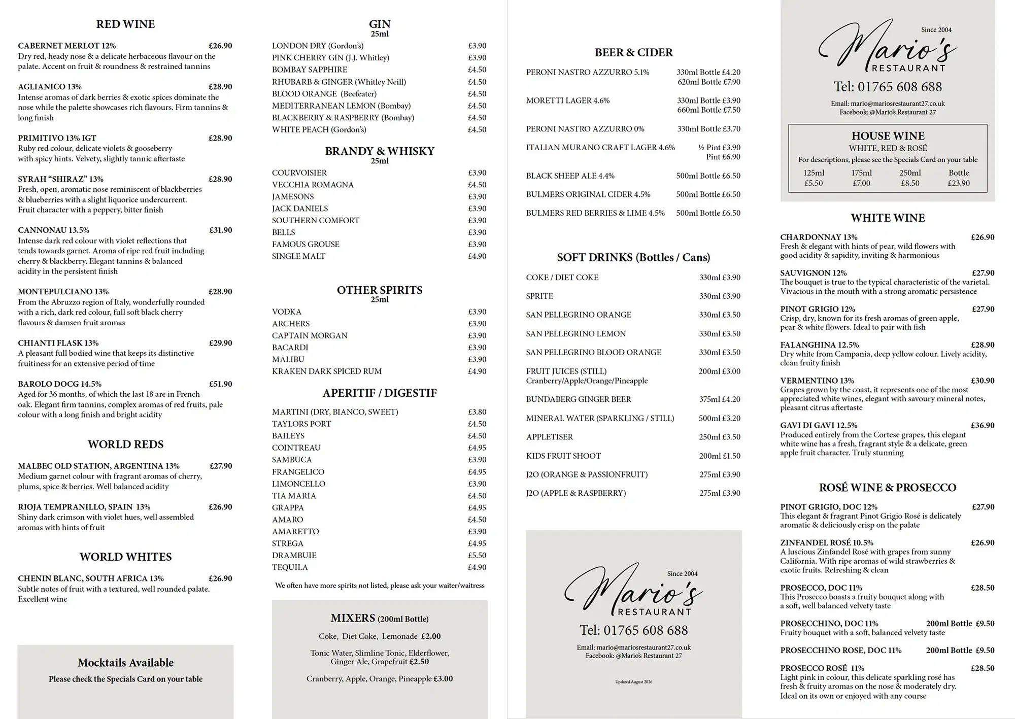 Drinks Menu August 2026